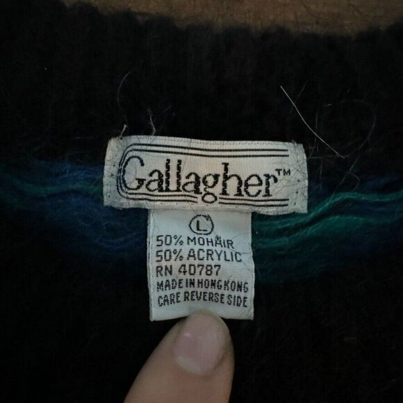 Vintage 1980s Gallagher Blue Mohair Fluffy Geometric Retro Preppy Sweater Sz M - Picture 2 of 8